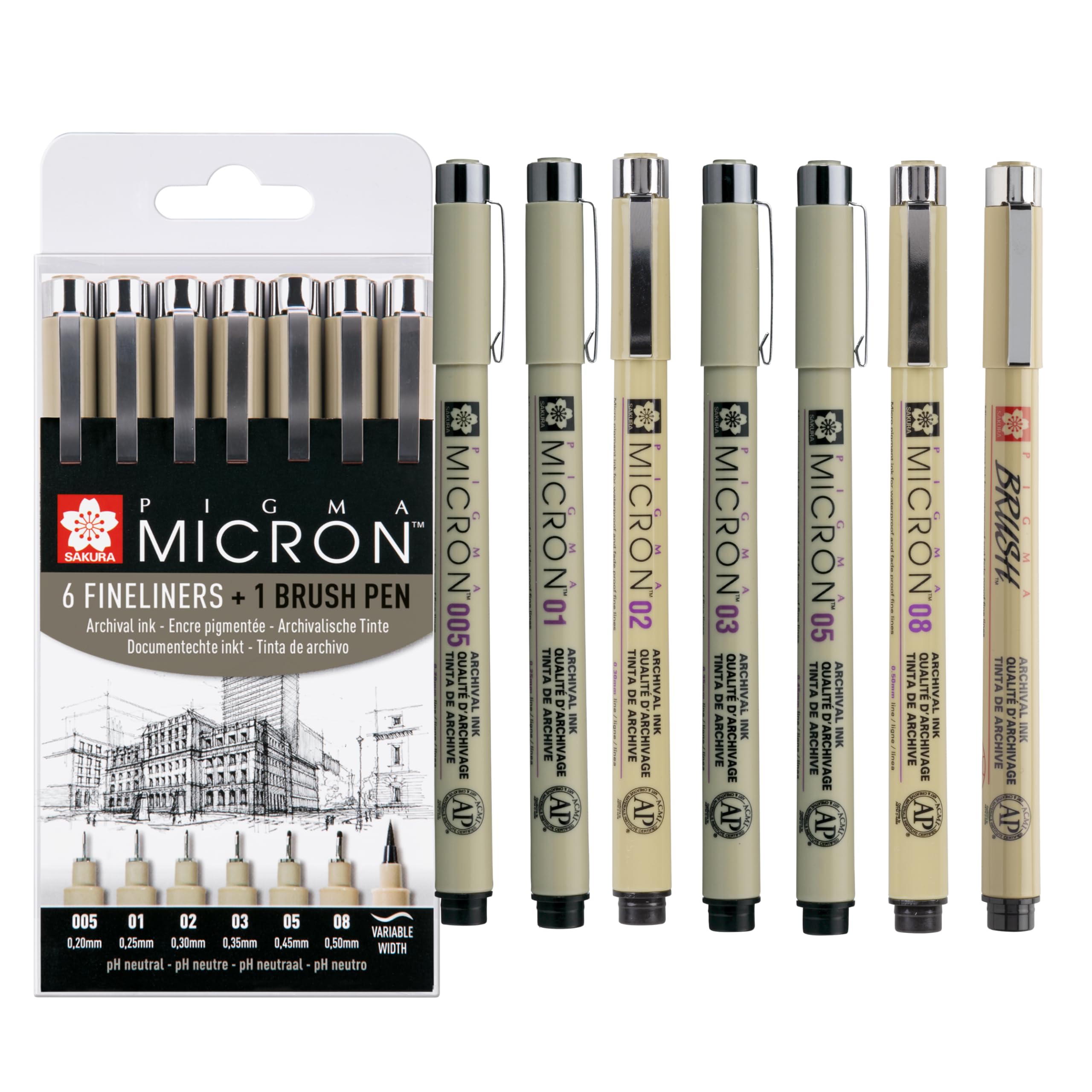 SAKURA Pigma Micron Fineliner Pens Set of 6 + Brush Pen | Waterproof, Permanent Black Ink | Pens for Writing, Drawing & Journaling