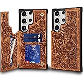 RMAWRAD Leather Case Compatible with Samsung Galaxy S23 Ultra Wallet 6.9",Genuine Leather Shockproof Anti-Fall Case, Flip Cover with Card Slot, Double Magnetic Buckle,Kickstand Durable Brown