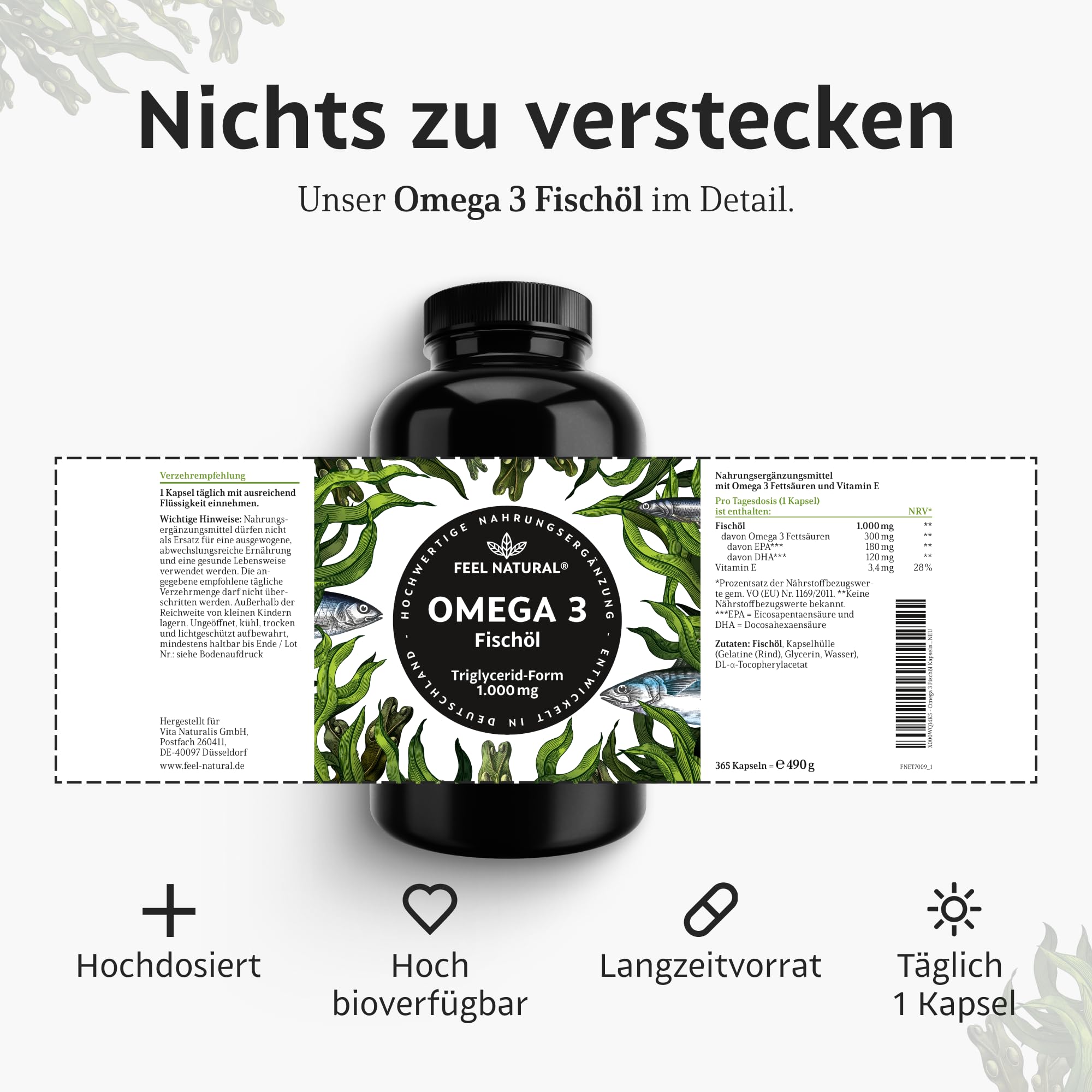 Omega 3 Kapseln hochdosiert - Jahresvorrat 365 Stück - Nur 1 Kapsel täglich - Essentielle Omega 3 Fettsäuren EPA & DHA - Fischöl Kapseln ohne unnötige Zusätze - in Deutschland entwickelt 5