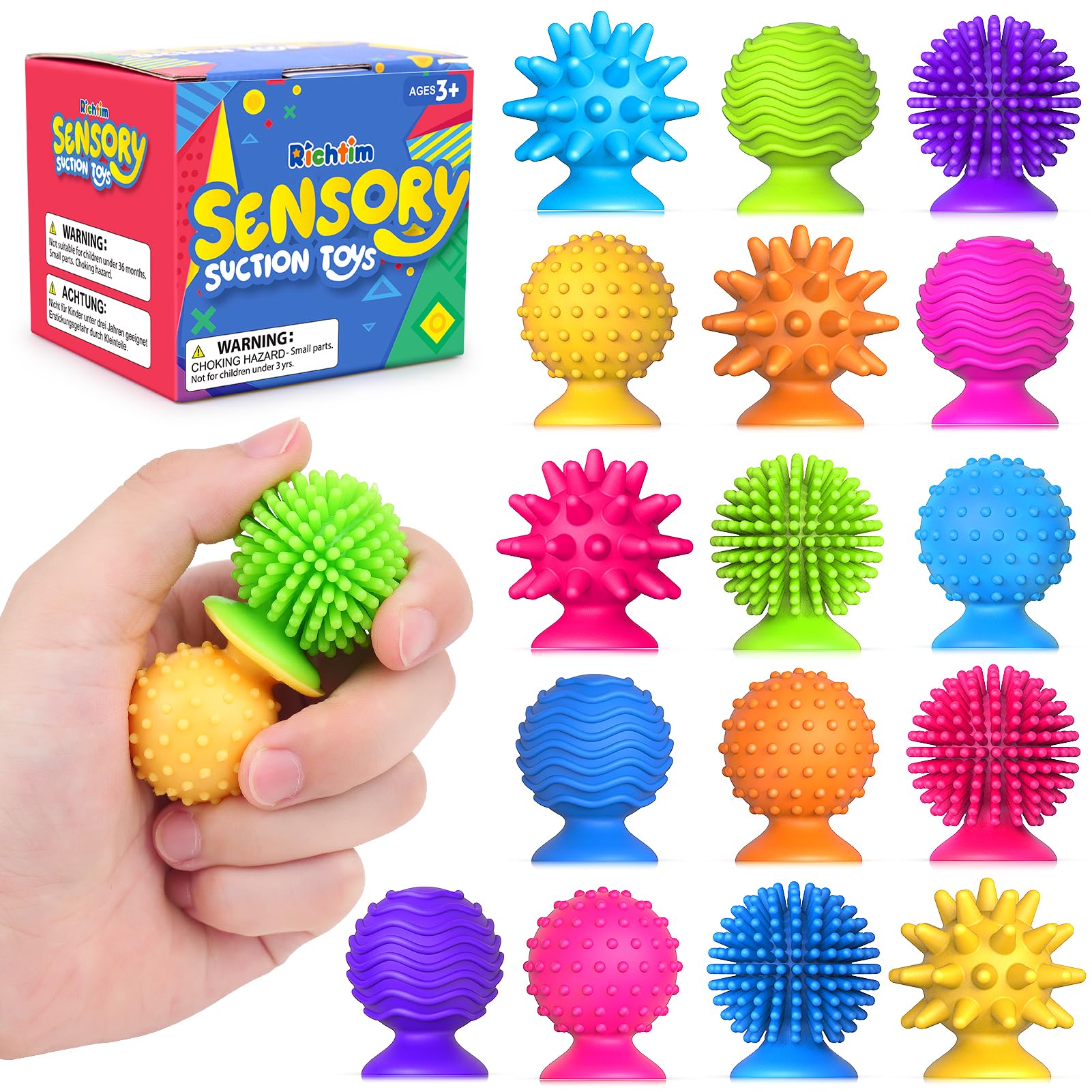 Sensory Fidget Toys Kids Adults: 16 Pack Textured Suction Toy - Sensory Toys for Autism Kids Calming - Quiet Fidgets for Classroom Prize - Easter Basket Stuffers Egg Filler - Kids Travel Toy