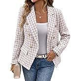 Mina Self 2026 Spring Women's Tweed Plaid Blazer Jacket - Double-Breasted Fully-Lined Slim Petite Cute Casual Work Pocket