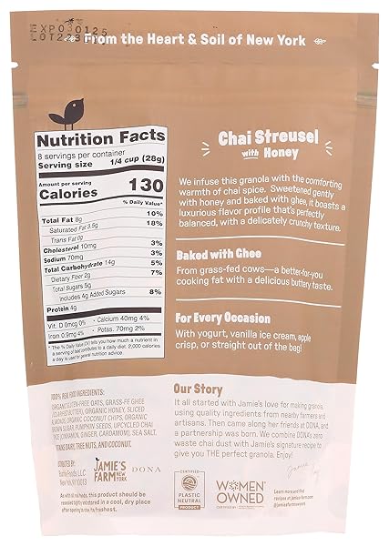 JAMIE’S FARM, CHAI STREUSEL WITH HONEY GRANOLA, GLUTEN-FREE, ORGANIC OATS, LOW SUGAR, BAKED WITH GHEE (8OZ BAG)