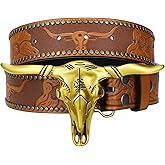 WOWOGO Cowboy Western Belt for Men Women, Cowgirl Country Floral Engraved Leather Belts with Longhorn Bull Skull Buckle