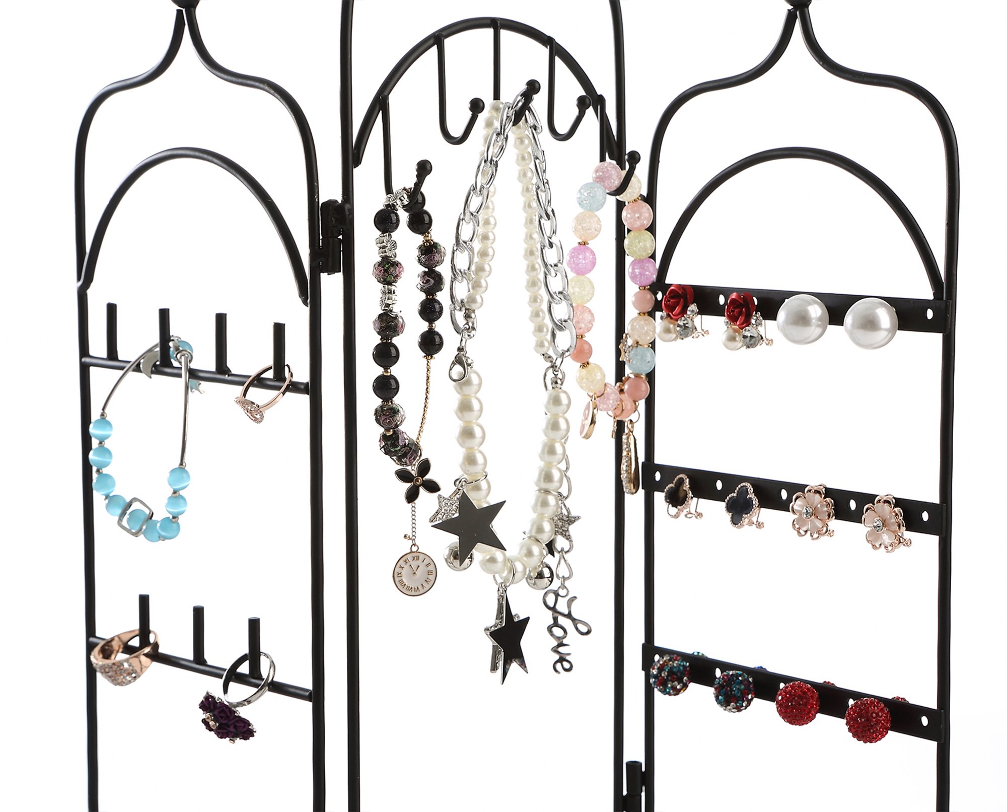 Modern Black Metal 3 Panel Trellis Folding Jewelry Hanger Organizer for Bracelet, Earrings, Necklace