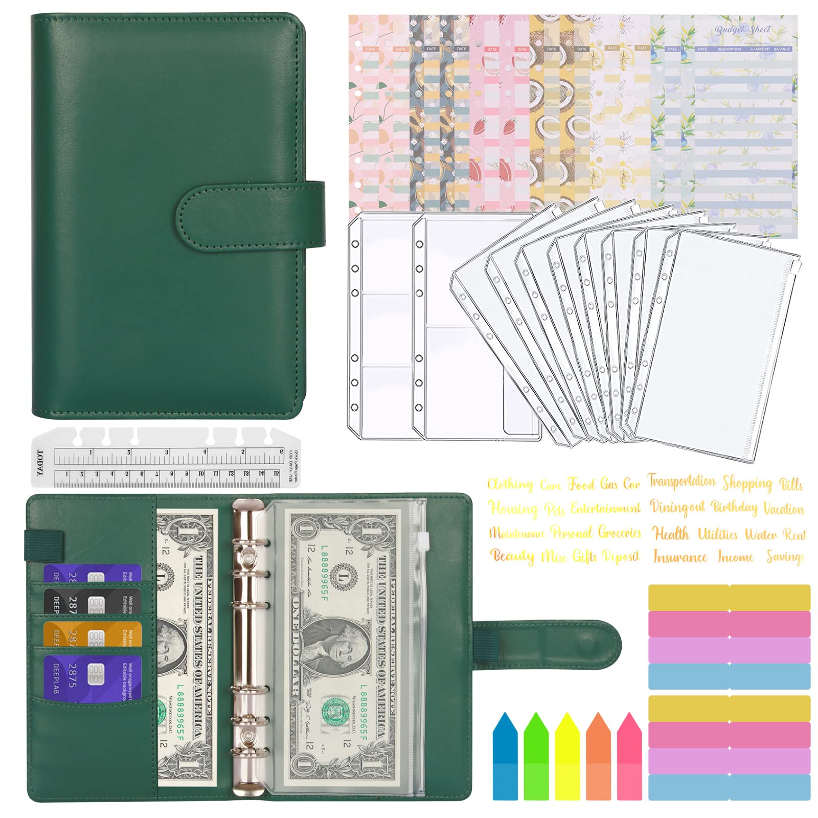MARICATO A6 Budget Binder, 29pcs Budget Binder with Zipper Envelopes, Money Organizer for Cash, Leather Notebook Budget Binde, Cash Envelopes for Budgeting, Budget Sheets and Label Stickers-DarkGreen