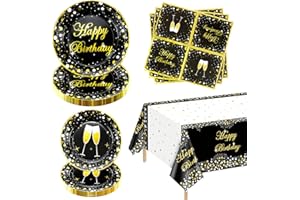 61 Pieces Black and Gold Party Supplies - Gold and Black Plates, Black Gold Napkins, Tablecloth for Birthday, Graduation, Wed