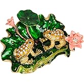 QIFU Hand Painted Enameled Frog with Lotus Decorative Hinged Jewelry Trinket Box Unique Gift for Home Decor