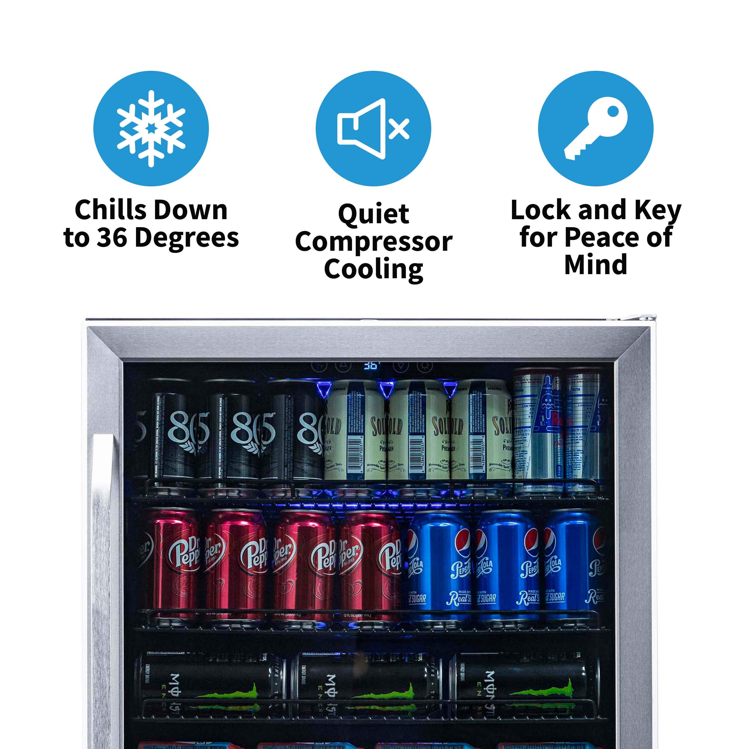 NewAir BuiltIn Beverage Cooler and Refrigerator, Stainless Steel Mini Fridge with Glass Door