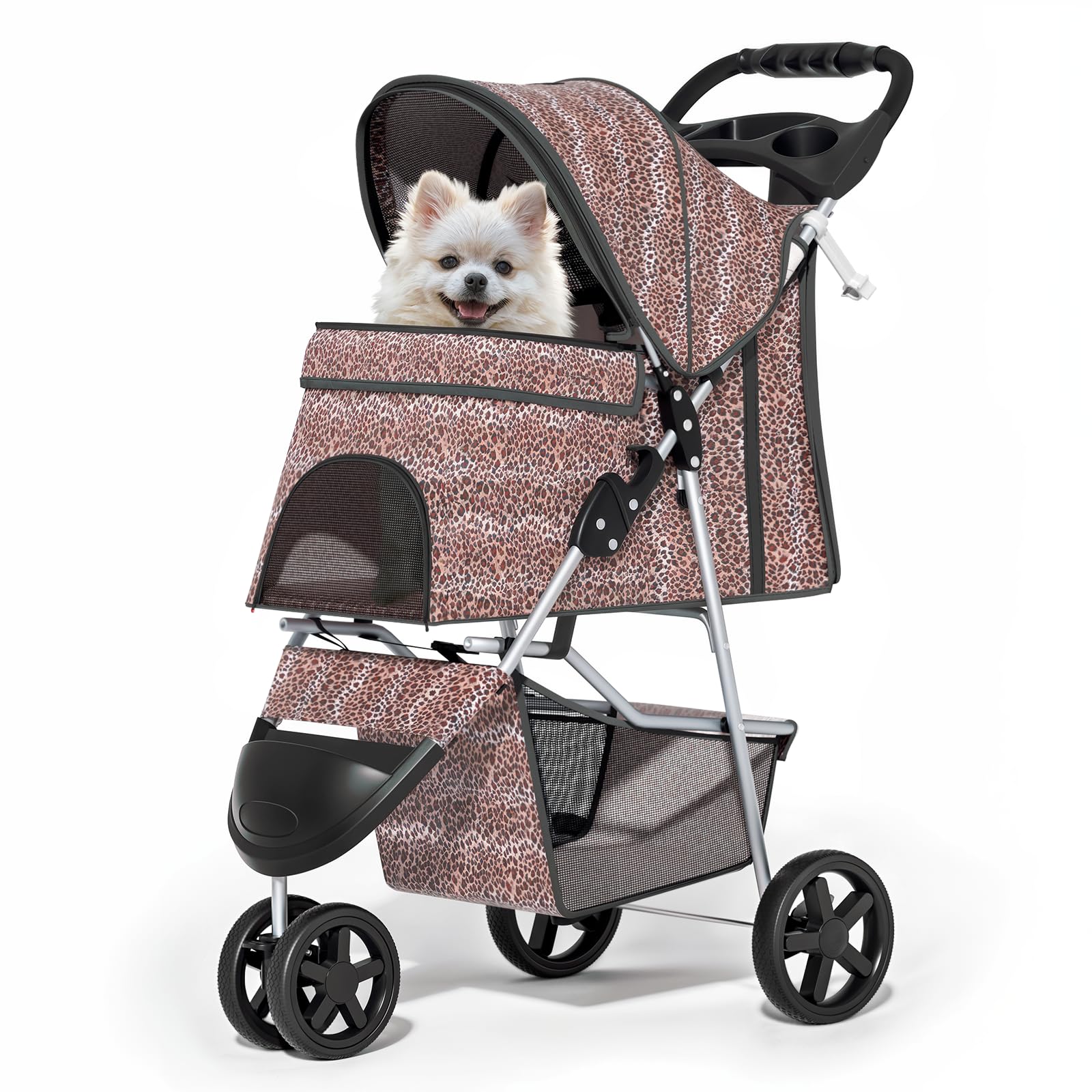 MoNiBloom 3 Wheels Pet Dog Cat Stroller for Small Medium Dogs Cats, Lightweight Foldable Jogger Stroller w/Storage Basket & Cup Holder, Leopard Print Image