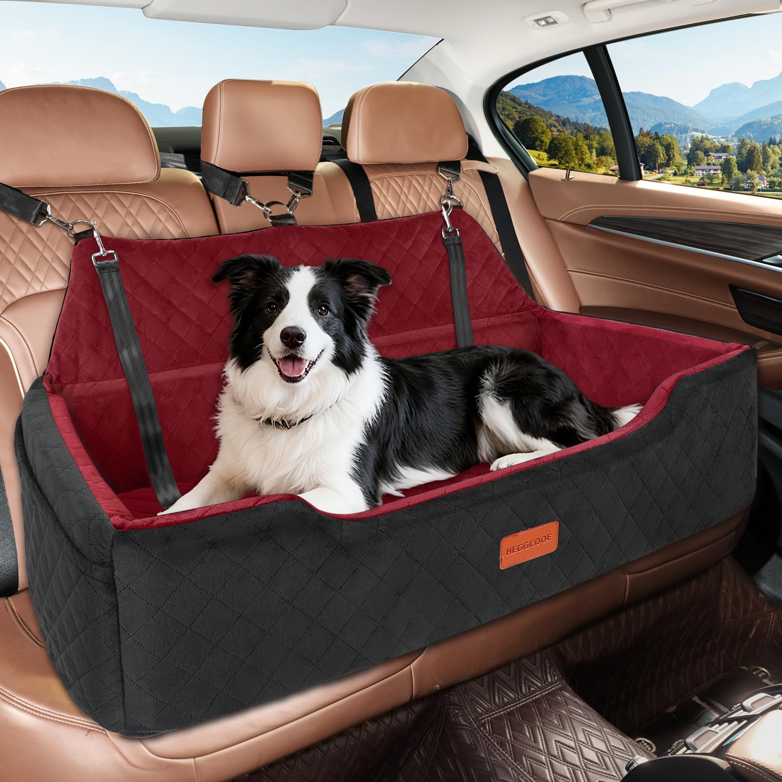 Photo 1 of HEGGCOOE Large Dog Car Seat Under 100 lbs, Washable Dog Car Bed for 2 Medium Dogs, Detachable Pet Booster Seat with Storage Pocket and Seat Belt for Back Seat