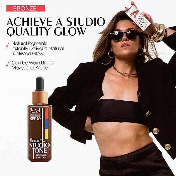 VACATION STUDIO TONE SPF 50 SUNSCREEN BRONZING DROPS FOR FACE, SUNKISSED SKIN BRONZER, MAKEUP-FRIENDLY TAN DROPS, NON-COMEDOGENIC, BROAD SPECTRUM SUN BLOCK, VEGAN & CRUELTY-FREE, 1 FL. OZ.