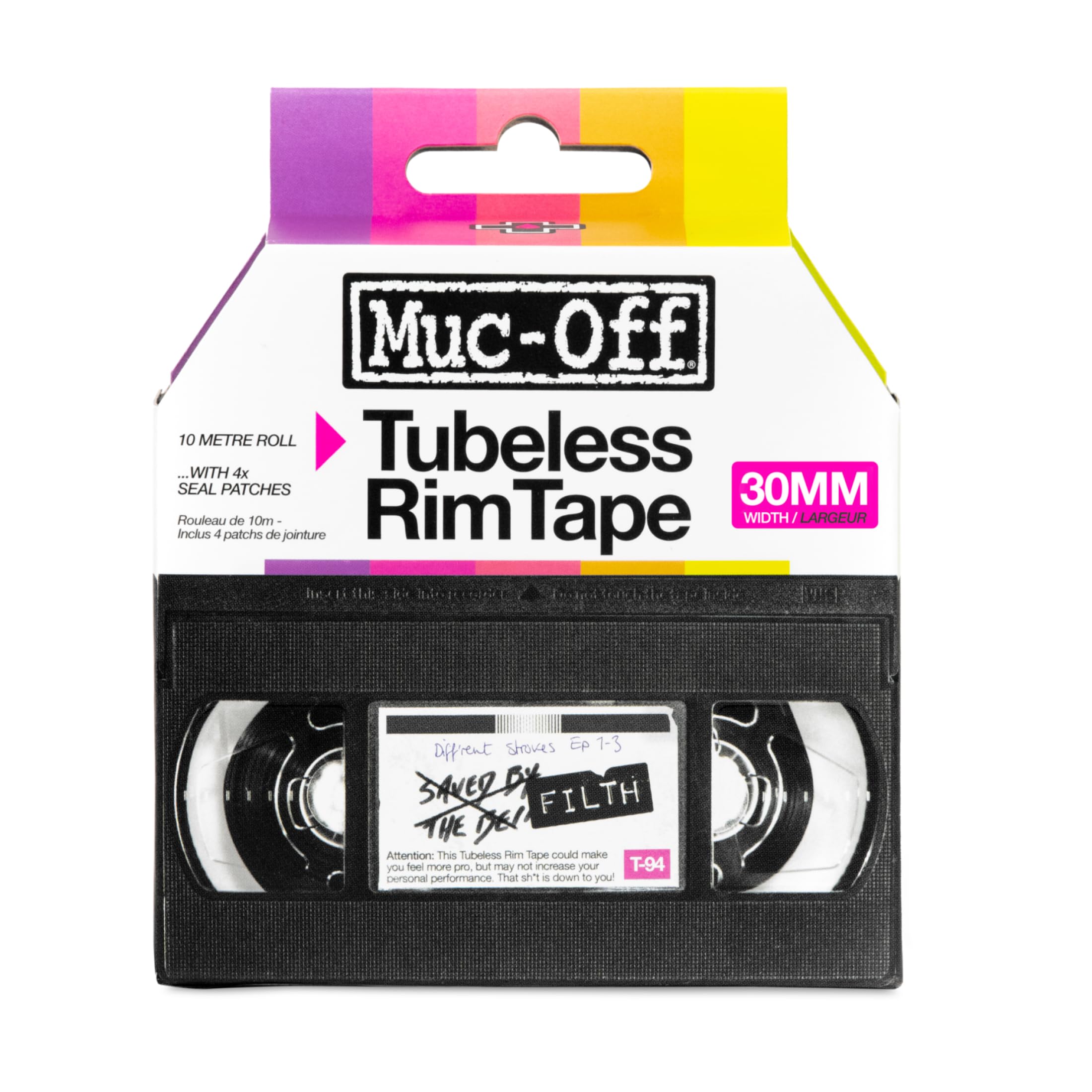 Muc Off Tubeless Rim Tape - Pressure-Sensitive Semi-Transparent Rim Tape for Tubeless Bike Tyre Setups - Extreme Strength and Durability - 10m Roll with 4 Seal Patches - 30mm
