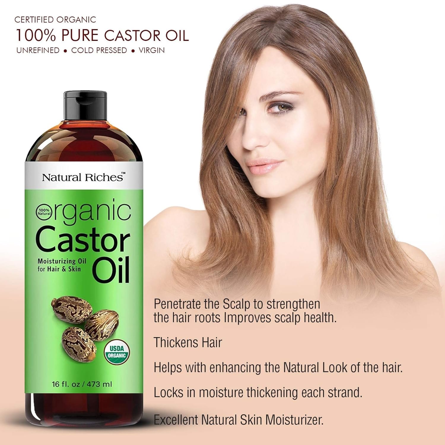 Organic Castor Oil Cold pressed USDA Organic certified pure for Dry Skin, Hair Loss, Dandruff & Thick Hair - Moisturizes heals Scalp, Skin, Hair growth, Thicker Eyelashes & Eyebrows - 16 fl. oz. Natural Riches : Beauty