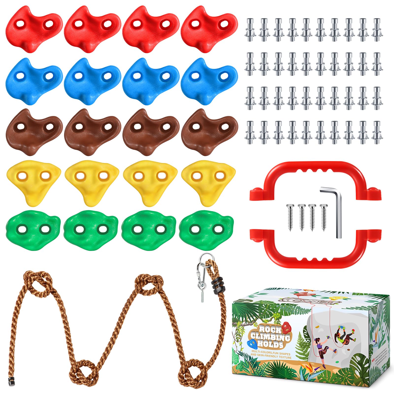 TOPNEW 20 PCS Rock Climbing Holds for Kids, Rock Wall Holds with 6.56 Ft Climbing Rope and 2 Handles, Rock Wall Climbing Kit for Indoor and Outdoor Playset - Includes Mounting Hardware