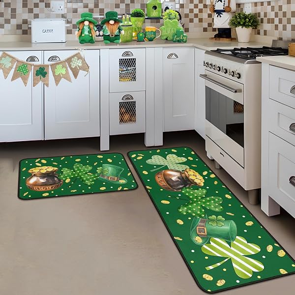 NOULMEA ST. PATRICK’S DAY CLOVER KITCHEN RUGS SET OF 2, IRISH SHAMROCK POLKA DOT STRIPED & POT OF GOLD COIN PRINT FLOOR DOOR MAT HOME DECORATIONS 17″X47″+17″X30″