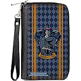 Buckle-Down The Wizarding World of Harry Potter Wallet, Zip Around, Ravenclaw Crest Stripes Diamonds Blues Gold, Vegan Leather