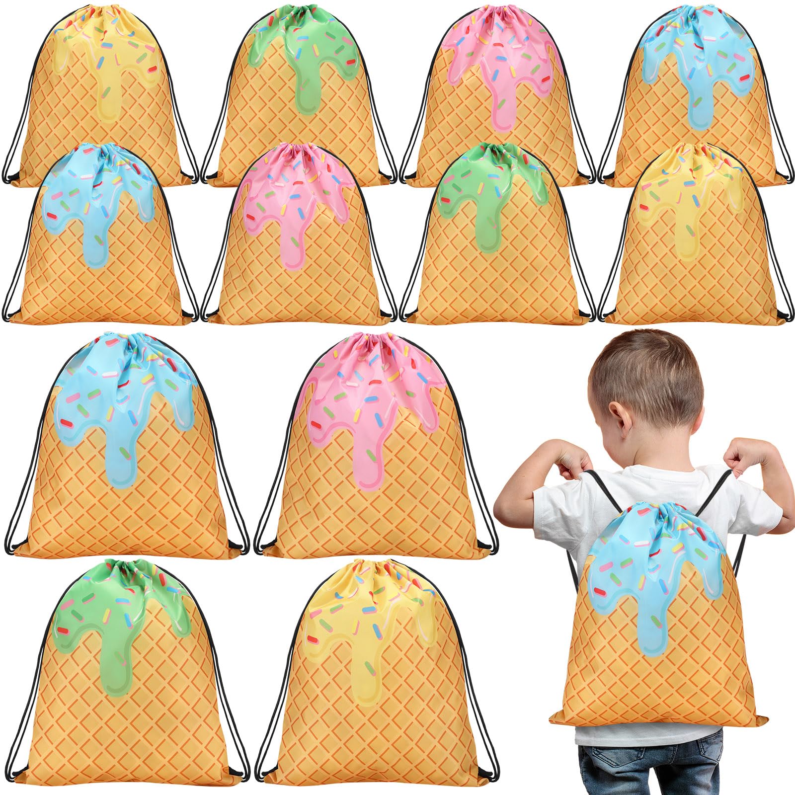 Photo 1 of 16 Pcs Ice Cream Party Favor Bags Cute Valentines Gifts for Kids Students Ice Cream Drawstring Backpacks Sweet Candy Goodie Treat Gift Bags for Birthday Two Sweet Baby Shower Wedding Donut Decoration