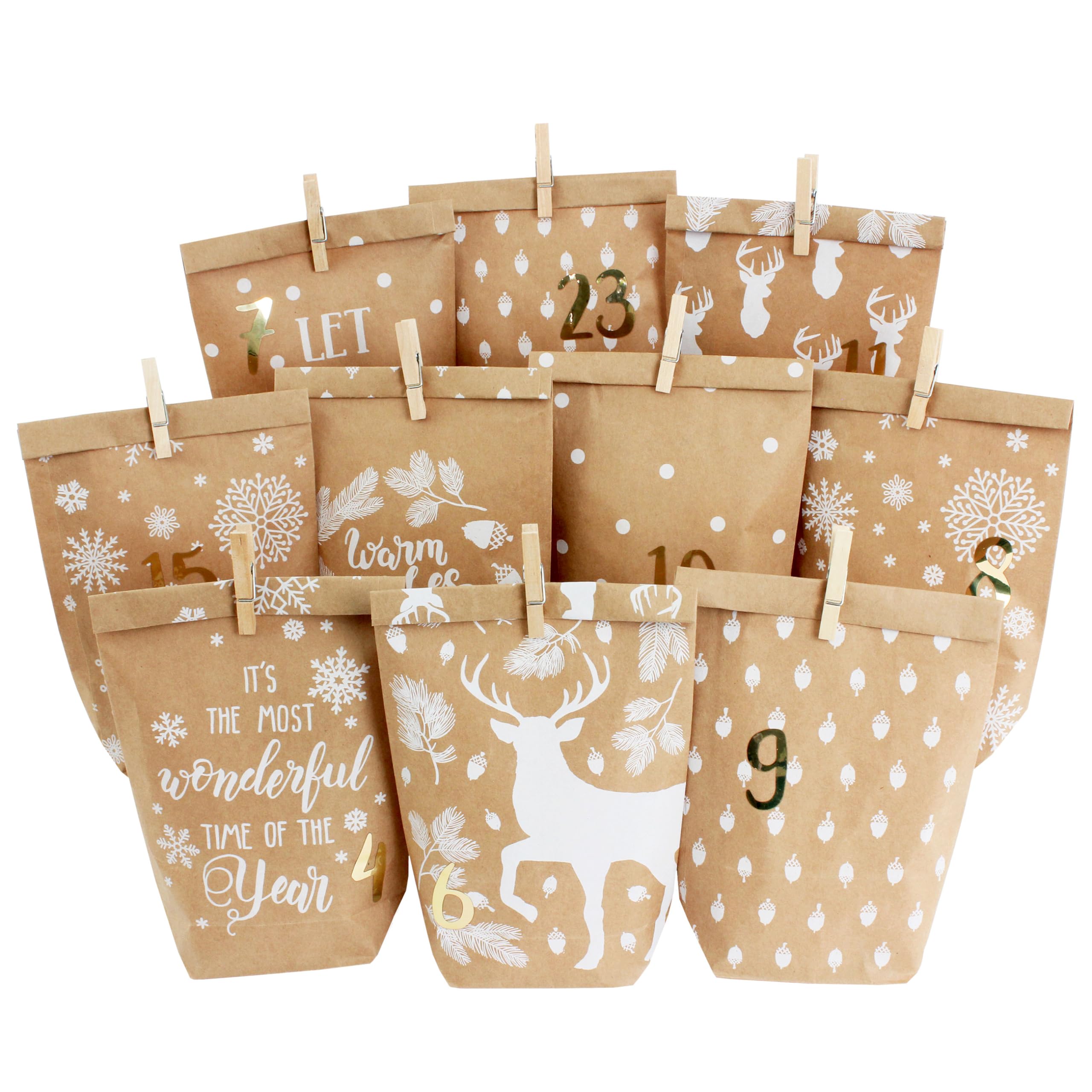 Papierdrachen DIY Advent Calendar for Filling, 24 Printed Gift Bags and 24 Number Stickers and Clips, for Crafting and Gifts, Christmas, Motiv: White Cosy Winter