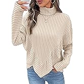 Flamingals Fall Casual Long Sleeve Tops for Women Turtleneck Solid Ribbed Ruffle Trim Shirts
