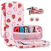 FANPL Carrying Case for Nintendo Switch & Switch OLED, Pink Strawberry Travel Case with Adjustable Shoulder Strap, Hard Shell, Thumb Grips, Anti-Scratch