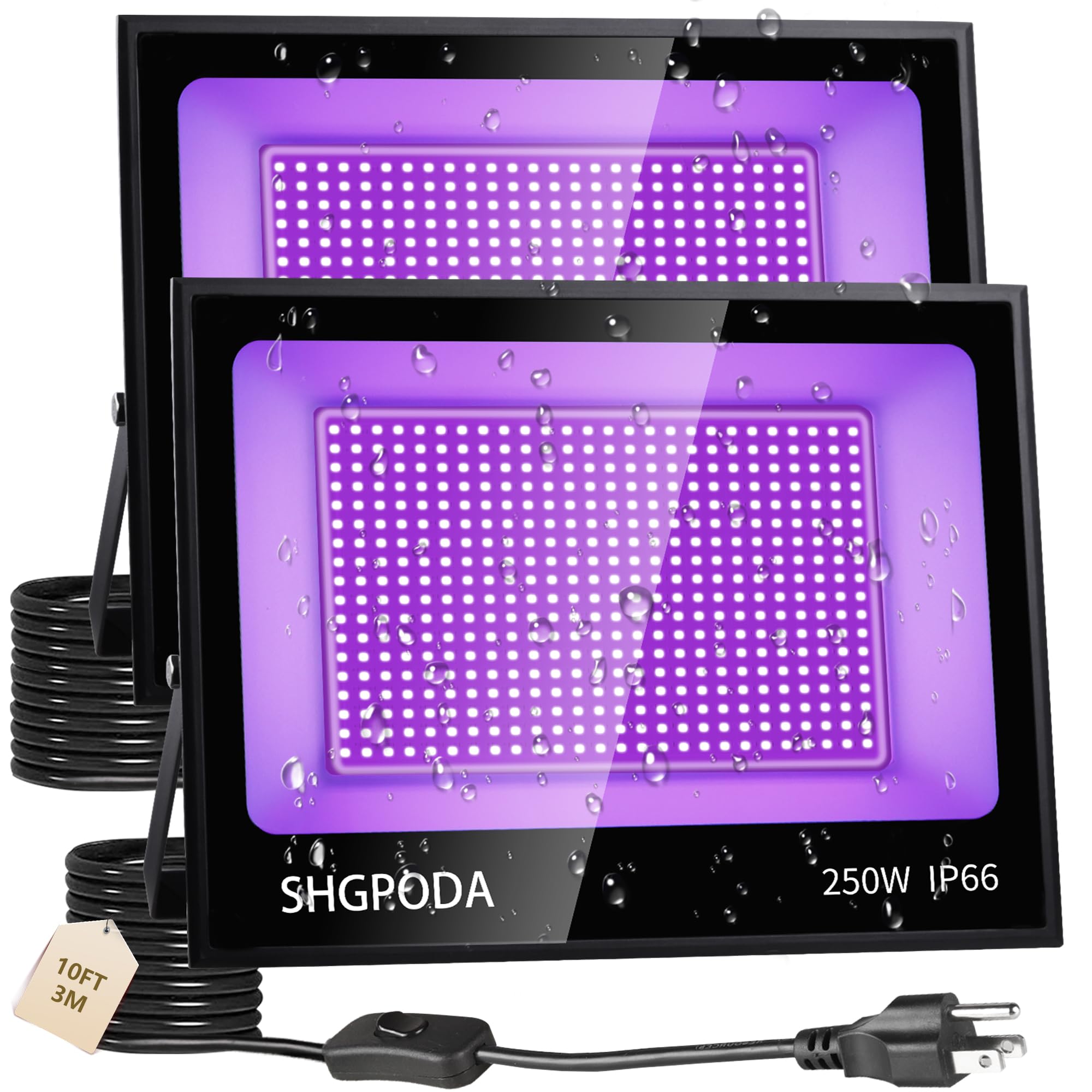 Photo 1 of 2 Pack 250W LED Black Lights, Blacklight Flood Light with 10ft Cord Plug Switch, IP66 Waterproof Outdoor Floodlight for Neon Glow in The Dark Stage Lighting Halloween Fluorescent Poster Body Paint