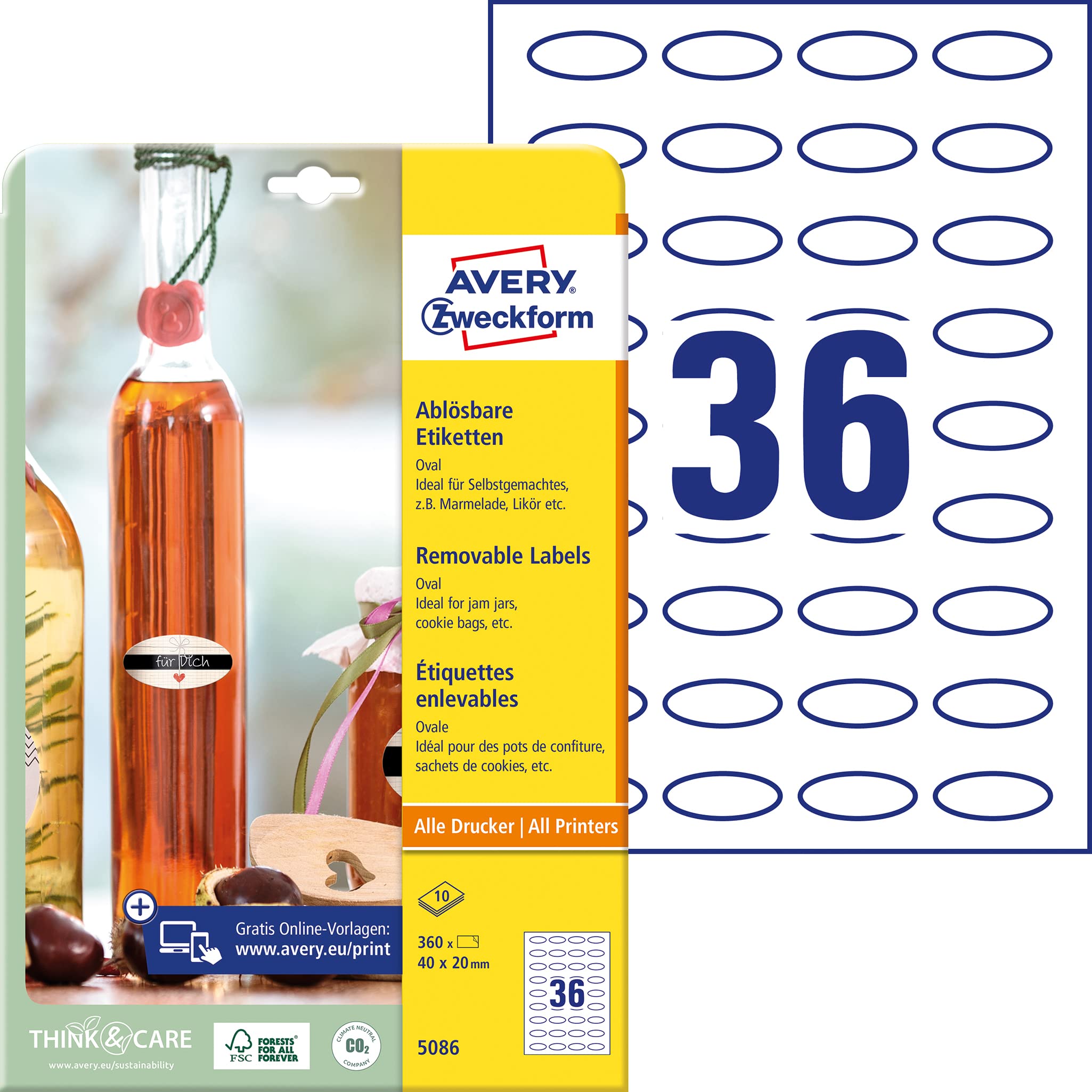 AVERY Zweckform 360 Bottle Labels Self-Adhesive (40 x 20 mm, Oval, Sticker Ideal for Preserving Jars, Spice Jars, Liqueur Bottles, Homemade from The Kitchen, Item 5086) 10 Sheets White