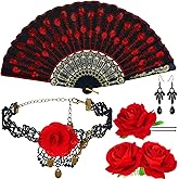 Cunno 5 Pcs Halloween Flamenco Accessories Women Rose Flower Hair Clip Embroidered Sequins Fabric Handheld Folding Fan, Choker Earrings for Mexican Hair, Costume, Mother's Day Gifts, Day of the Dead