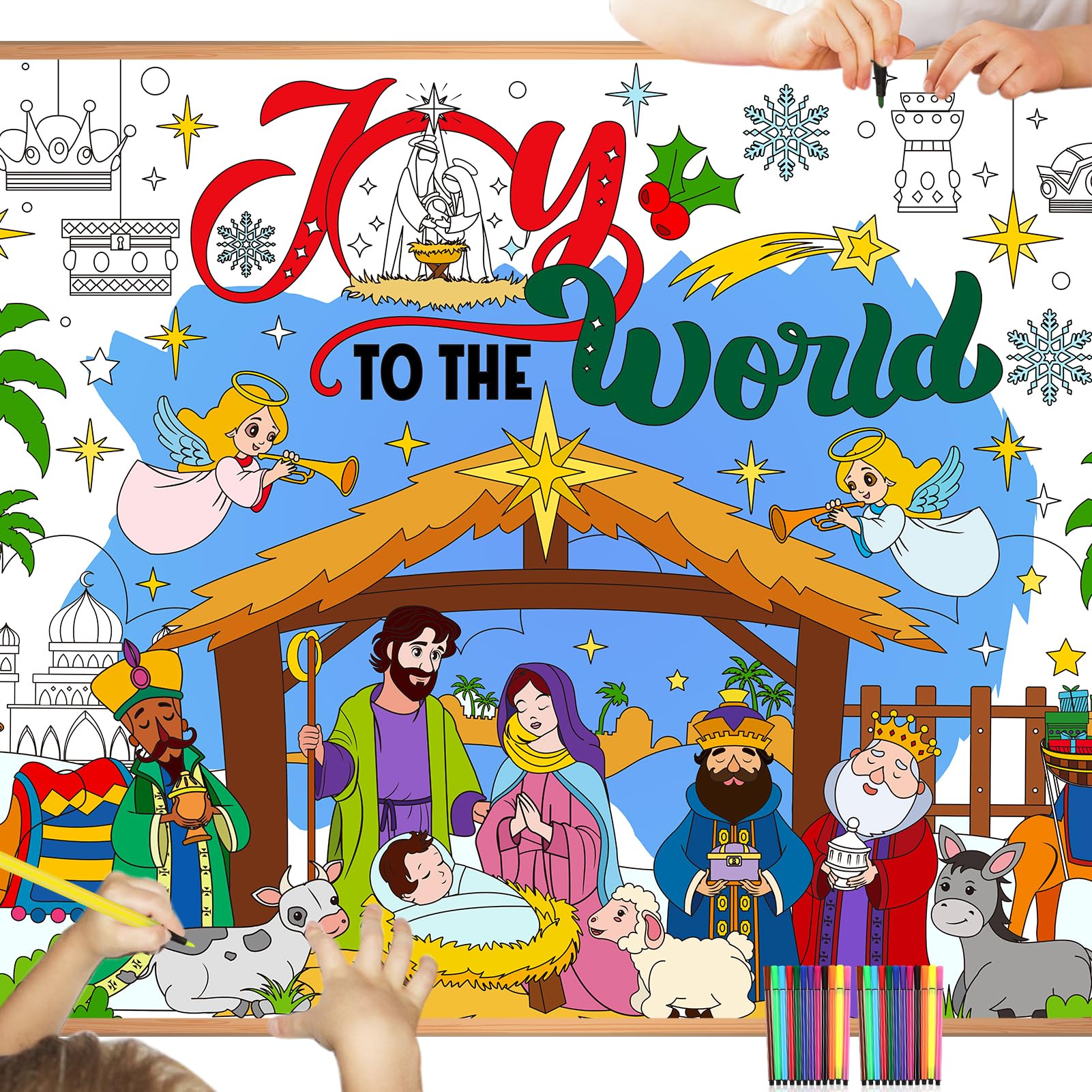 HOWAF Nativity Scene Giant Colouring Poster for Kids, Jesus Religious Christmas Colouring Paper Coloring Book Drawing Paper Wall Doodle Art Gifts & 24 Pens, Christmas Activities for Kids