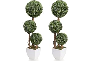 Damomo Artificial Boxwood Ball Topiaries Trees, Outdoor 3ft Fake Topiary Triple Ball Boxwood Tree 2 Packs, Faux Shrubs Green Plants Detachable Sphere Potted Decor Indoor Porch or Garden（35inch）
