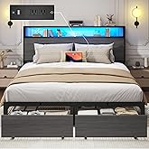 Queen Bed Frame with Charging Station, LED Lights, 2 Drawers, Rustic Grey | 2-Tier Storage Headboard, Metal Slats, No Box Spring Needed, Noise-Free, USB+Type-C, 800lbs Capacity