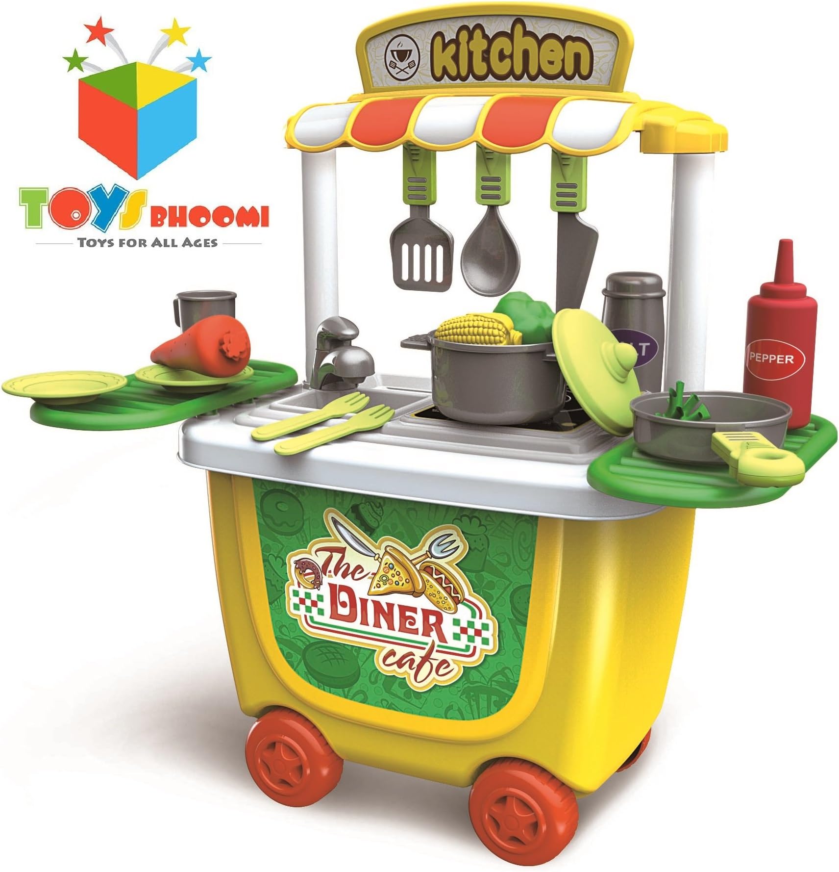 Toys Bhoomi 2 in 1 Pushcart The Diner Cafe Kitchen Play Food Toys Set with Easy Storage Roller Case - 31 Piece
