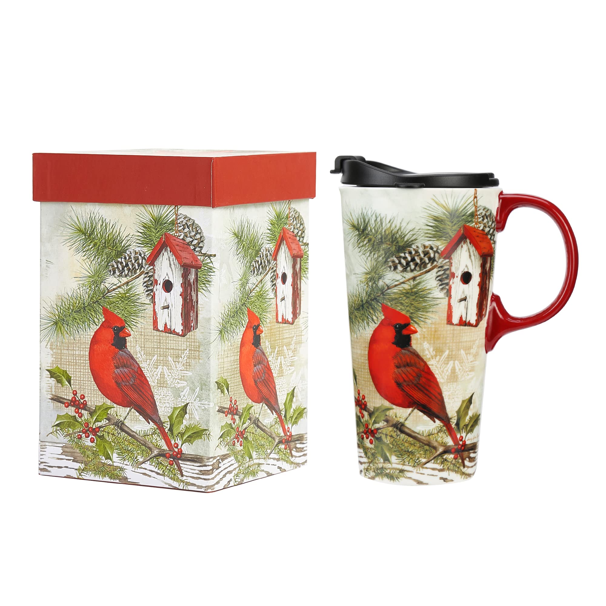 Topadorn Ceramic Travel Mugs with Matching Gift Box 17oz Coffee Mug with Handle and Lid, Microwave & Dishwasher Safe Coffee Tumbler, Cardinal Bird