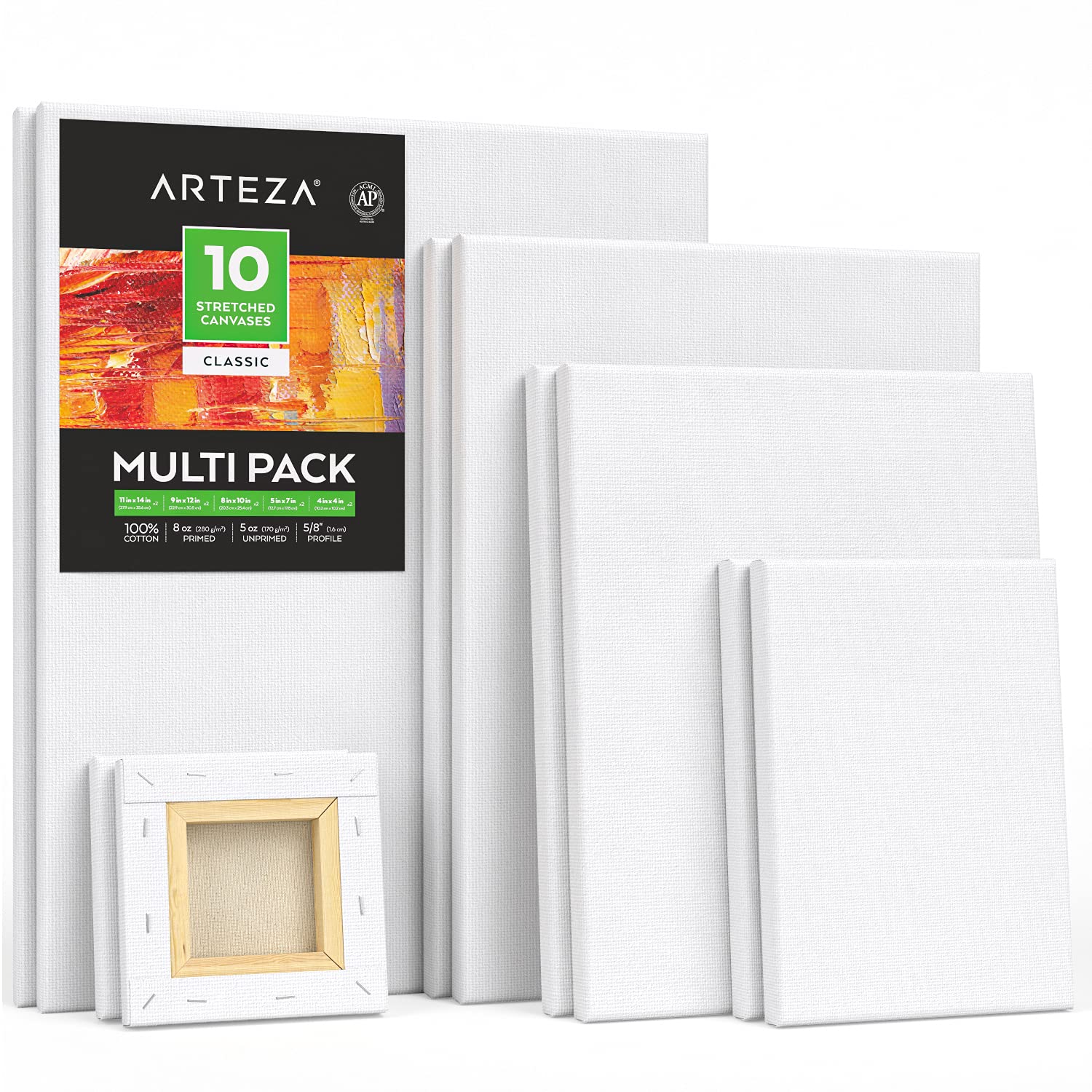 Arteza Stretched Canvas for Painting, Multipack of 10, 10.2 x 10.2, 12.7 x 17.8, 20.3 x 25.4, 22.9 x 30.5, 27.9 x 35.6 cm, 8-oz Primed, 100% Cotton