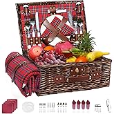 Neti Neti Wicker Picnic Basket for 4 with Insulated Cooler & Waterproof Blanket – Large Willow Picnic Hamper for Outdoor, Camping, Beach, Romantic Dates, Valentine’s Day