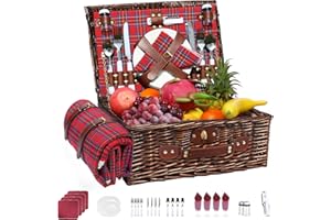 Neti Neti Wicker Picnic Basket for 4 with Insulated Cooler & Waterproof Blanket – Large Willow Picnic Hamper for Outdoor, Camping, Beach, Romantic Dates, Valentine’s Day