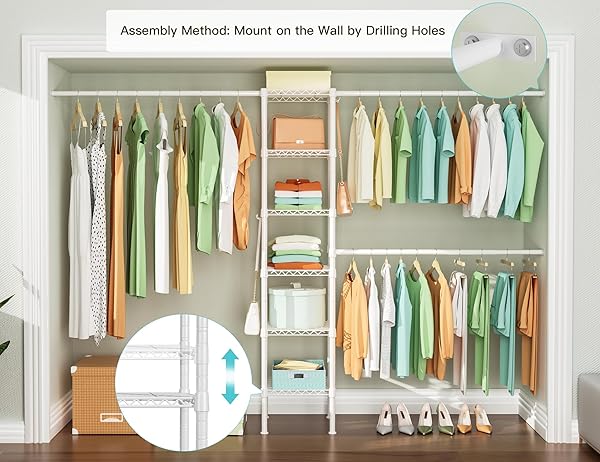 ULIF M1 CLOSET STORAGE ORGANIZER SYSTEM, 6 TIERS HEAVY DUTY METAL GARMENT RACK WITH 3 EXPANDABLE HANGER RODS, WALL MOUNTED SPACE SAVER SUITS FROM 5.4-8.7 FT. WIDTH, 71.2”H X 14”D, 700LBS, WHITE