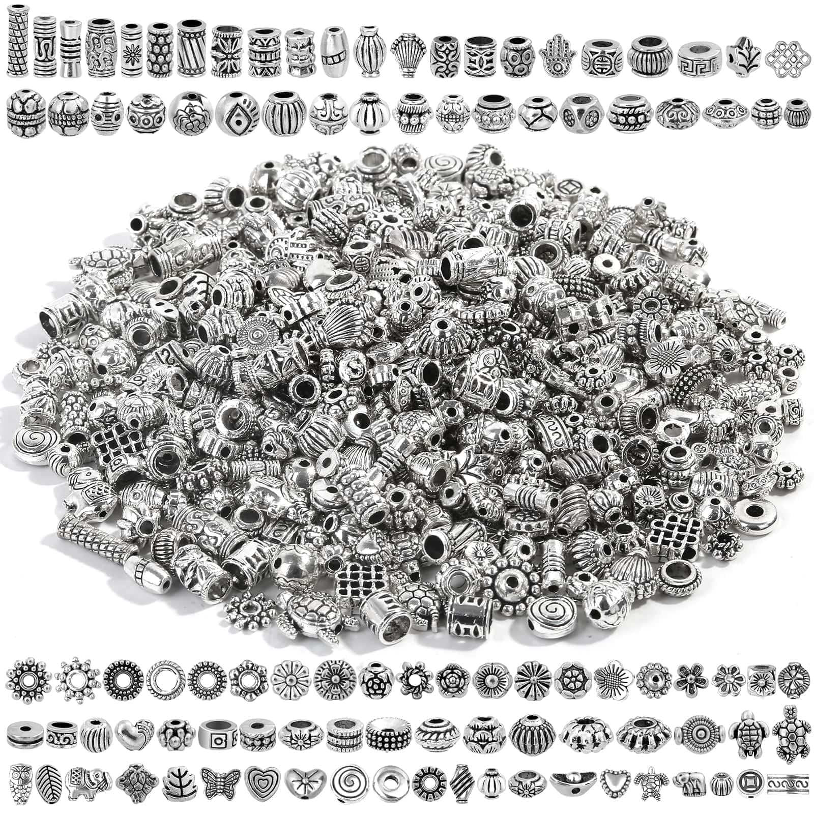 Photo 1 of 500 Pcs Bracelet Spacer Beads, Silver Bulk Random Styles Loose Spacer Metal Charm for Necklace, Earring Making DIY Jewelry Accessories
