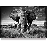 Elephant Black & White Wall Art - Rustic Canvas Painting - African Animal Picture - Natural Artwork for Bathroom & Bedroom Decor - 16x12 Inches