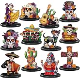 Leinuosen 12 Pcs Day of the Dead Table Decor Skull Wooden Tiered Tray Decor Dia De Muertos Centerpiece Guitar Cactus Sombreros Wooden Sign Day of the Dead Table Decorations for Home Kitchen