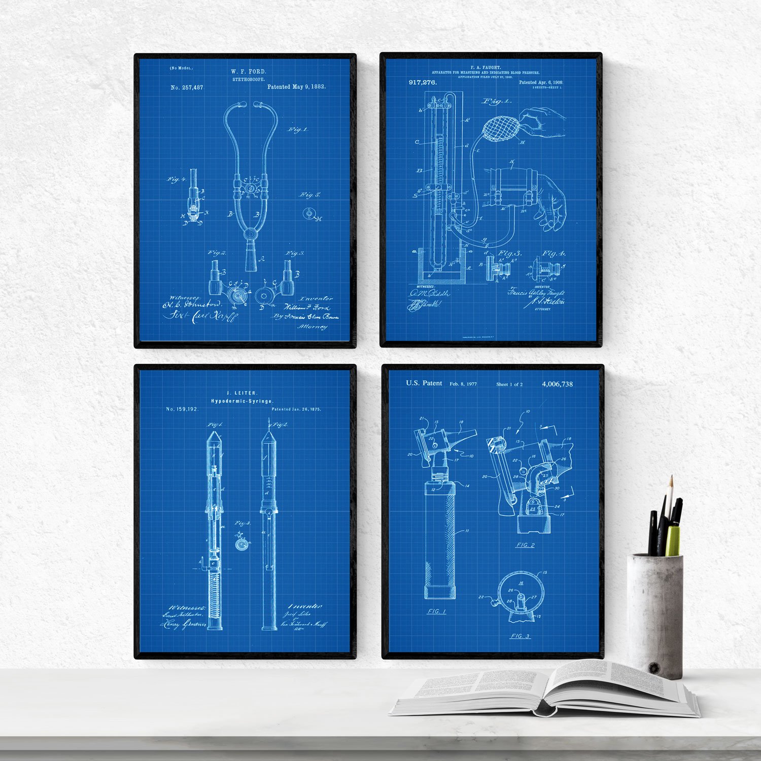 Nacnic BLUE - Pack of 4 sheets with PATENTS medical equipment. Set posters with inventions and old patents. Choose the color you like. Printed on 250 grams