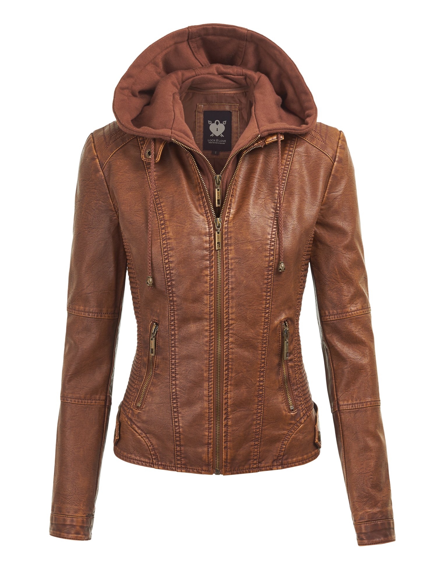 Lock and Love Women's Removable Hooded Faux Leather Moto Biker Jacket