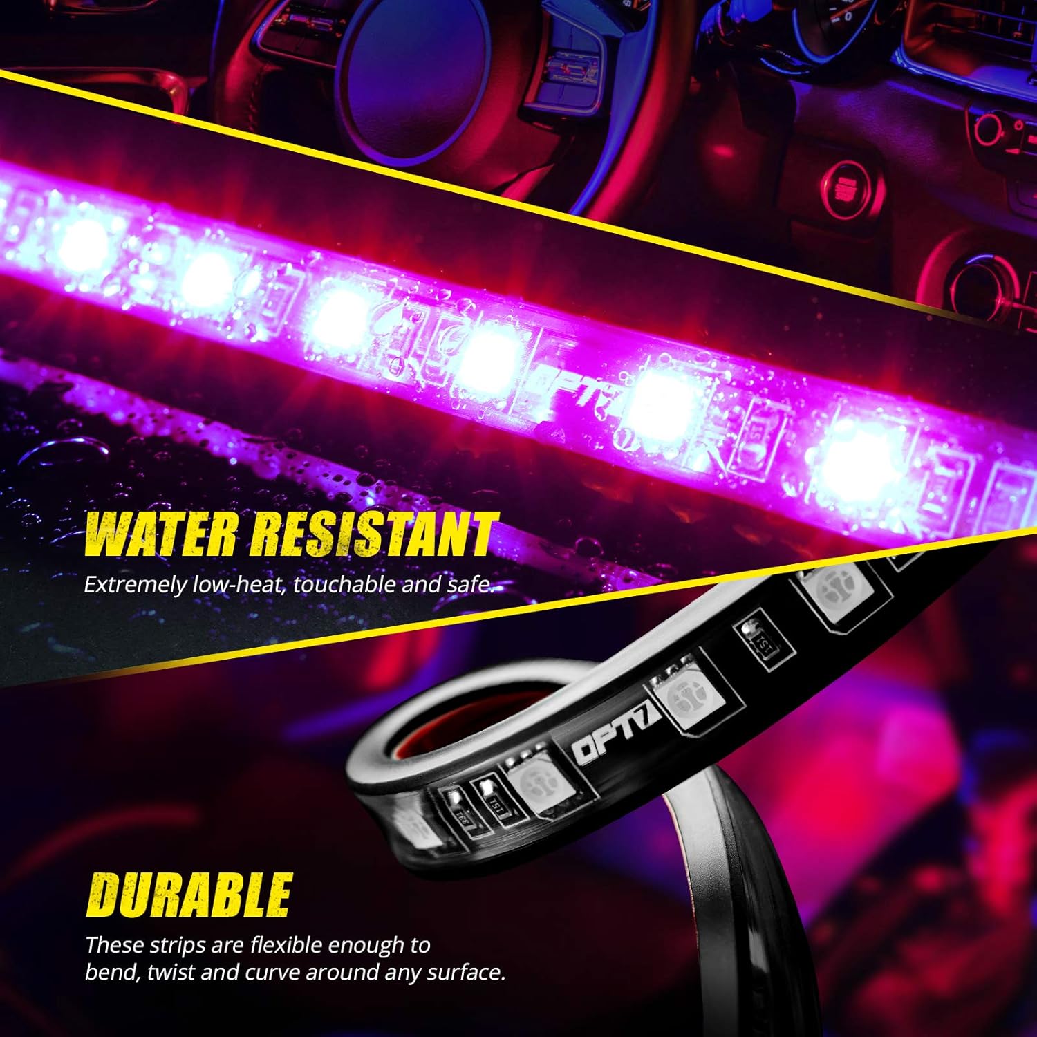 OPT7 Interior Car Lights LED Strip Kit, Aura Choice, 48 LEDs Multi-Color, Soundsync, Show Patterns, and Remote-Accent Underdash Footwell Floor, 4pc Single Row: Automotive