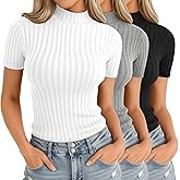 Velvelhall 3 Pack Women Mock Turtleneck Shirts Short Sleeve Ribbed Lightweight Basic Layering Cotton Tops Slim Fit Tunic Tees