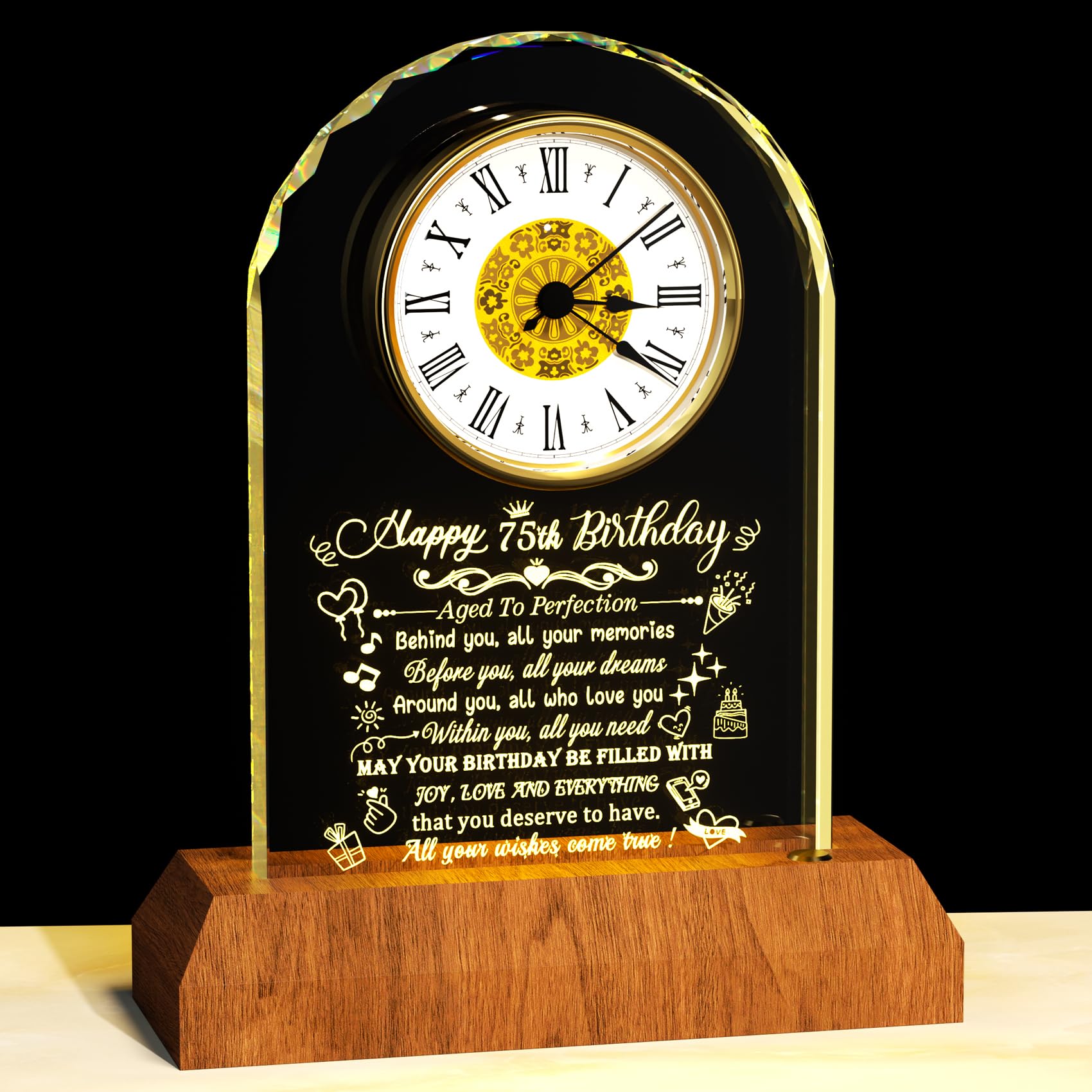 Photo 1 of Arikyrist Happy 75th Birthday Crystal Clock Gifts for Women Men 75 Years Old Birthday Present for Parents 75th Quartz Clock Birthday Gifts with Wooden LED Light Base for Her Him