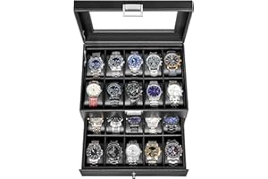 BEWISHOME Watch Case, 20-Slot Watch Box Organizer for Men Watch Case with Large Glass Lid Watch Travel Case Removable Watch Pillows, Mens Jewelry Box Watch Display Case, Watch Storage, Black SSH04C