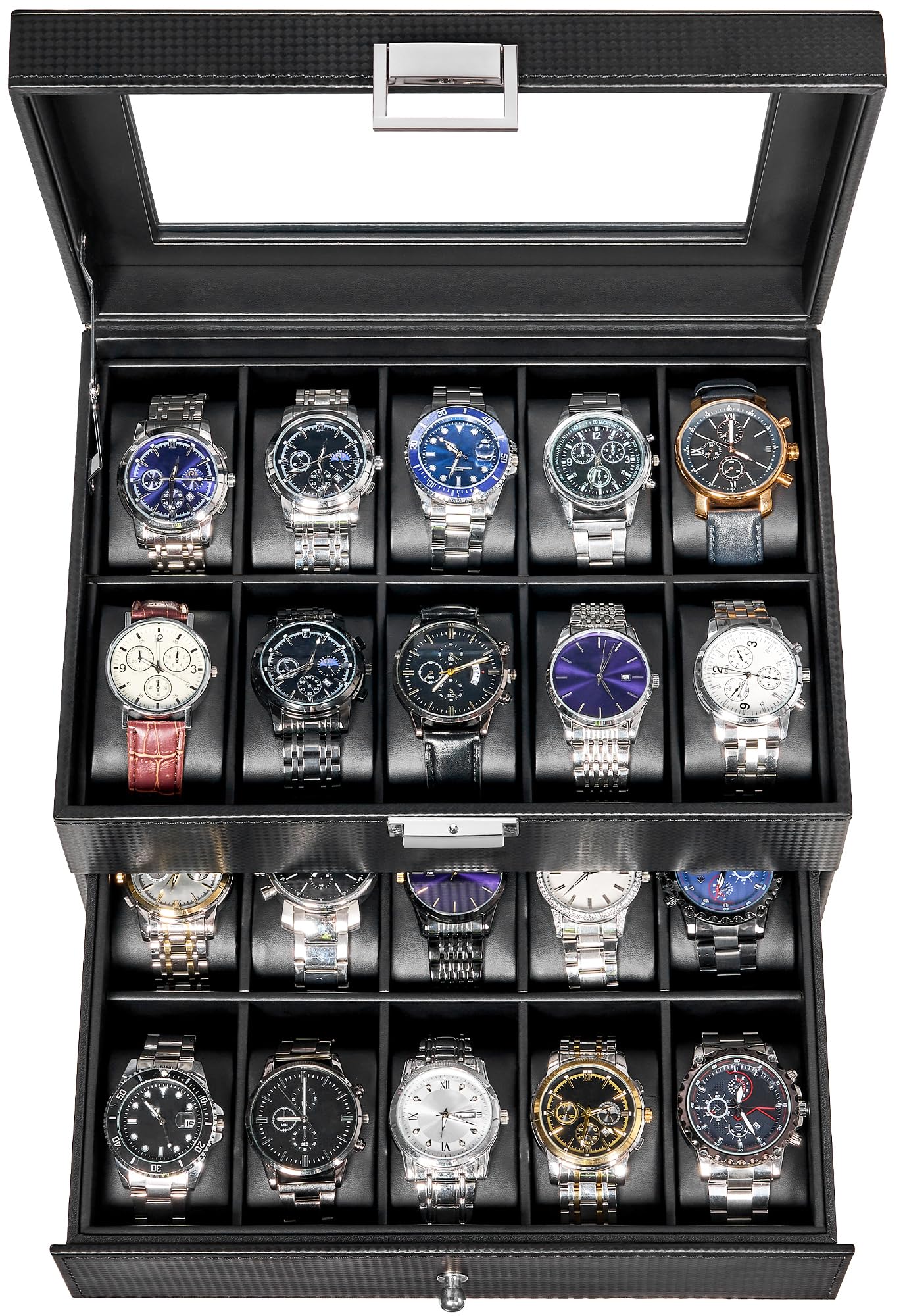 BEWISHOME Watch Case, 20-Slot Watch Box Organizer for Men Watch Case with Large Glass Lid Watch Travel Case Removable Watch Pillows, Mens Jewelry Box Watch Display Case, Watch Storage, Black SSH04C