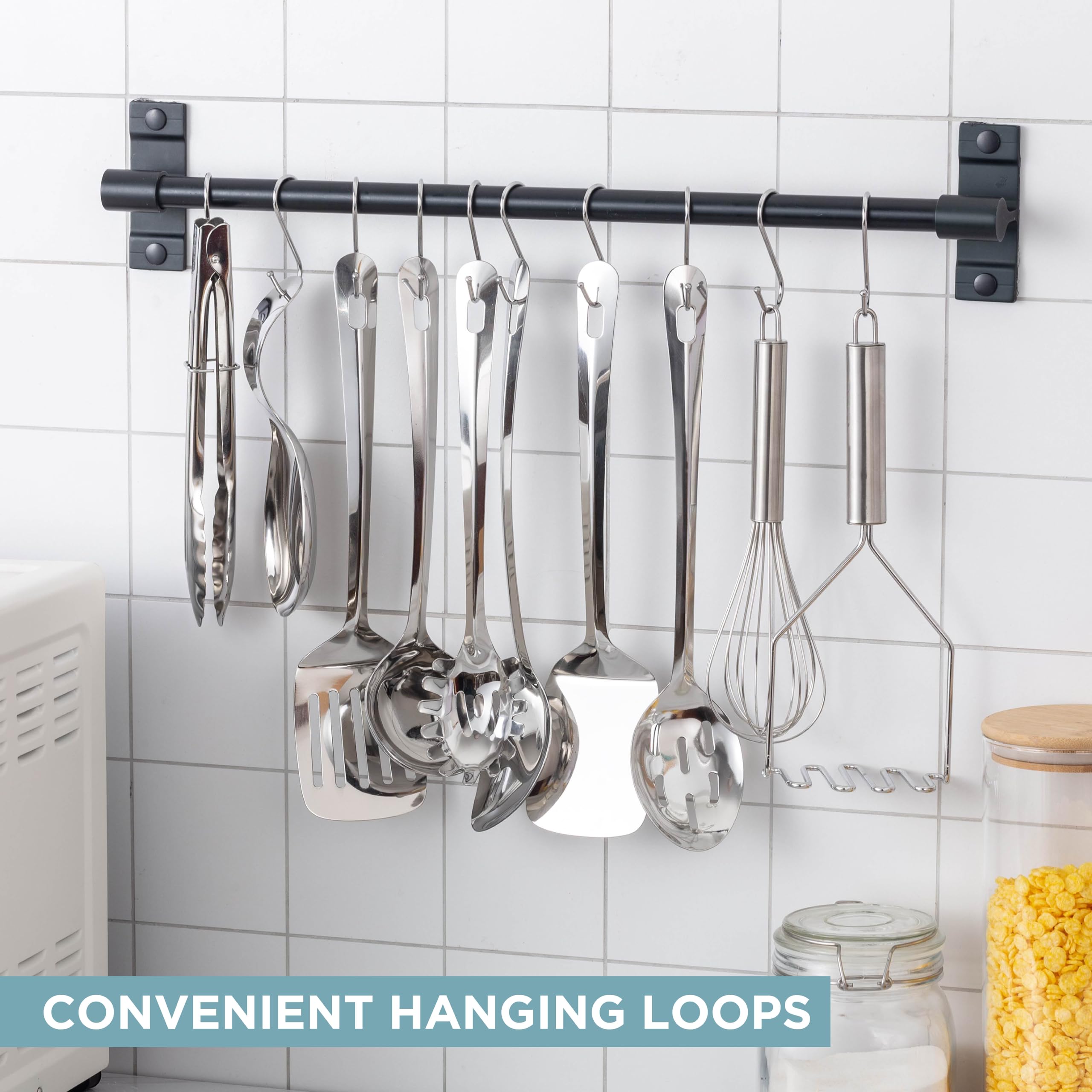 COOK WITH COLOR Kitchen Utensil Set - 10-piece premium Nonstick & Heat Resistant Kitchen Gadgets, Turner, Spaghetti Server, Serving Spoons, Whisk, Tongs, Masher & Utensil Holder, Stainless Steel