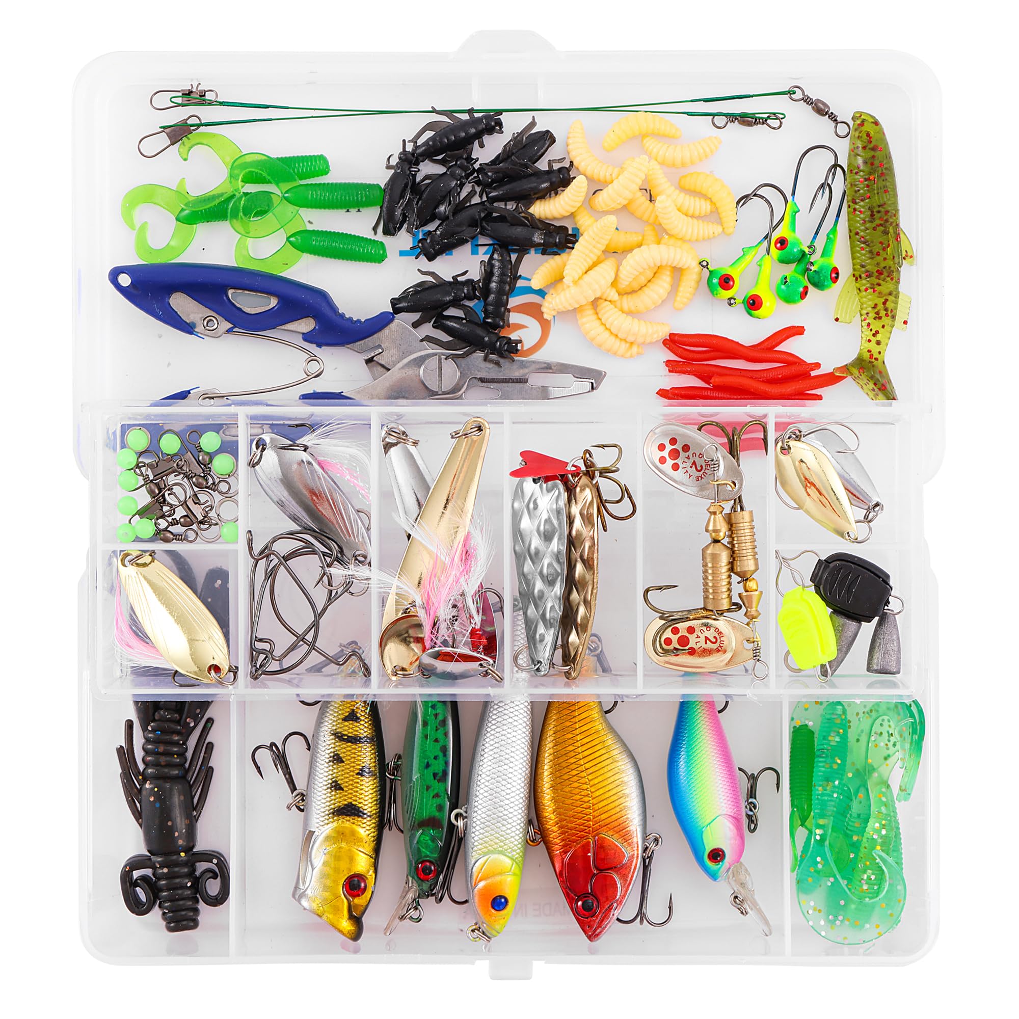 TUXIBIN 110 Pieces Fishing Lures Mixed Including Spinner, VIB, Height Hooks, Single Hooks, Swivels, Guides, etc. for Freshwater Saltwater Fishing, with Storage Box 110-1