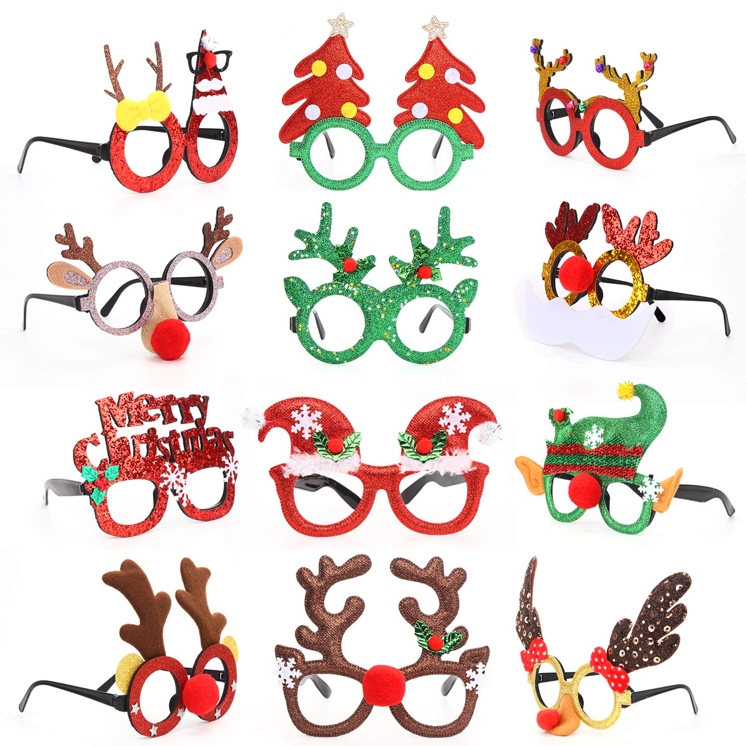 VEYLIN Christmas Glitter Party Glasses, 12 Pack Novelty Xmas Eyeglasses Fancy Dress Costume Decoration for Kids Adults