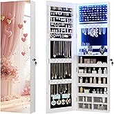 Vlsrka 47.2" LED Jewelry Mirror Cabinet, Wall/Door Mounted Jewelry Armoire Organizer with Full Length Mirror, Large Storage Hanging Cabinet, 4 Drawers, 5 Shelves (White)